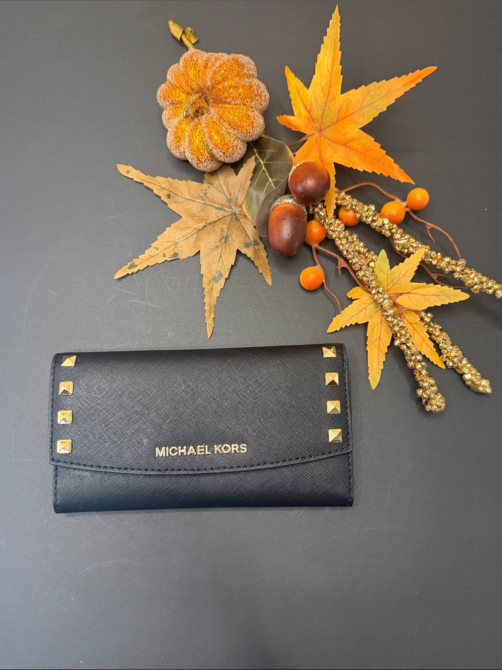 MICHAEL KORS Black Leather Wallet with Gold Stud Accents